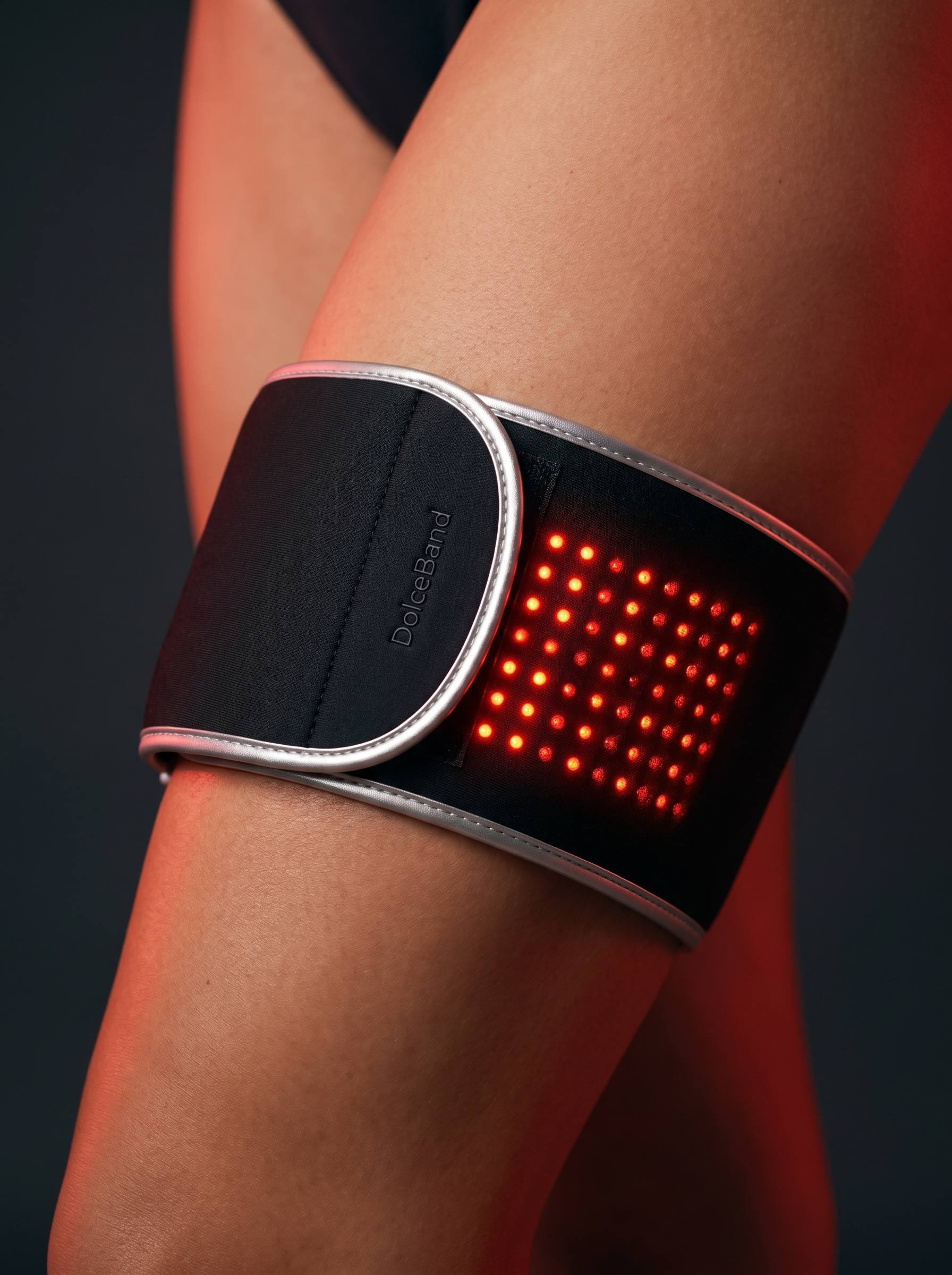 DolceBand V2 closeup — wordmark and red LED grid