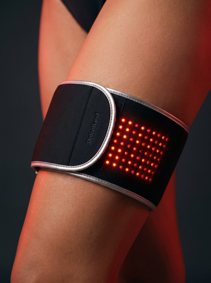 DolceBand V2 closeup — wordmark and red LED grid